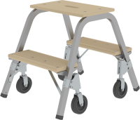 Stahl-Holz-Tritt fahrbar
2 Holzstufen 4 Bockrollen
Höhe Deckbrett 0,49 m