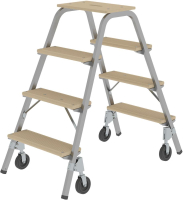 Stahl-Holz-Tritt fahrbar
4 Holzstufen 4 Bockrollen
Höhe Deckbrett 0,97 m