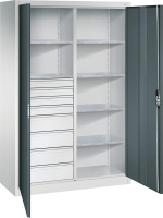 Flügeltürenschrank
B1200xT500xH1950 mm
RAL7035/7016,8Schubladen