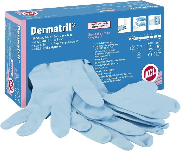 Nitril-Einmalhandschuh 
DERMATRIL 740 blau - 250 mm
EN 374  -  100-Stück-Box - Detail 1