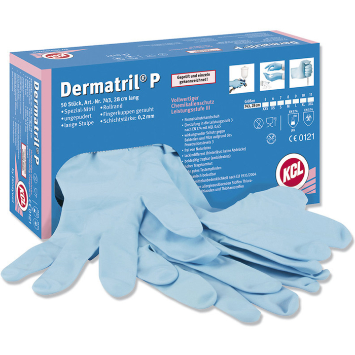 Nitril-Einmalhandschuh 
DERMATRIL P 743 blau - 280 mm
EN 374  -  50-Stück-Box - Detail 1