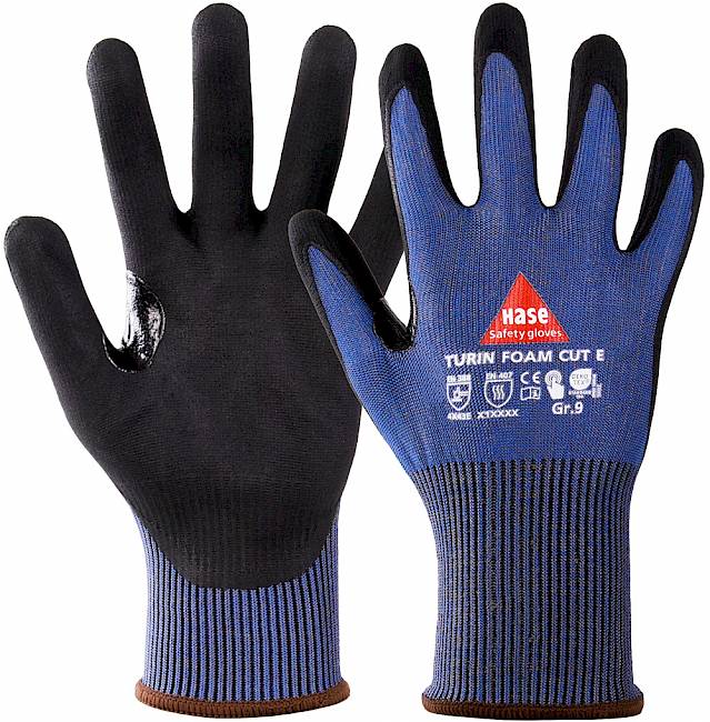 Nitril-Schnittschutzhandschuh 
TURIN FOAM CUT E* blau/schwarz 
EN 388 Schnittlevel E / EN 407 - Detail 1