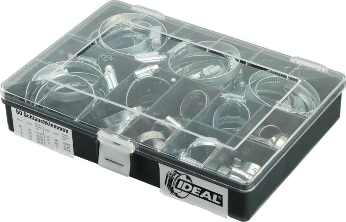 INOX-Schlauchschellensortiment
W5 Gr. 12-20 bis 50-70 mm/12
50-Stck-Kassette - Detail 1