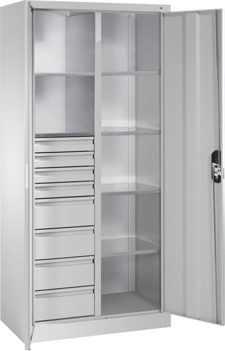Flügeltürenschrank
B1200xT500xH1950 mm
RAL 7035, 8 Schubladen - Detail 1