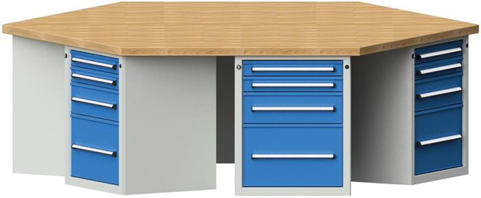Anke 6-Eck-Werkbank
B2340xT2700xH850mm
RAL7035/5012 BMP: 50 mm - Detail 1