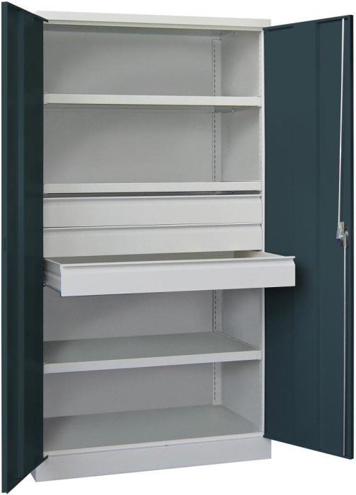 Schwerlastschrank m.Türen
H1950xB1040xT630 mm
3 FB, SL 3 x FH 125 mm - Detail 1
