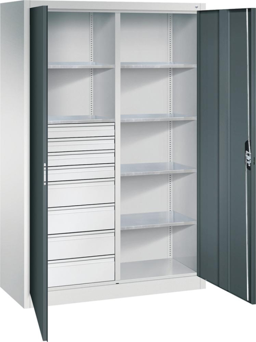 Flügeltürenschrank
B1200xT500xH1950 mm
RAL7035/7016,8Schubladen - Detail 1