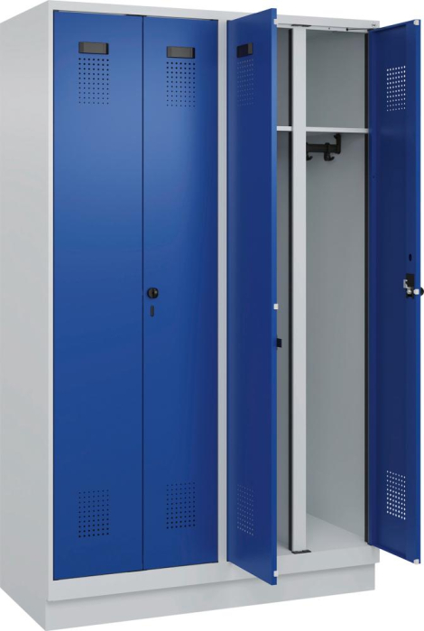 S/W-Gard.-Schrank EVOLO
mit 100 mm hohem Sockel
RAL 7035/5010, 4 Abteile - Detail 1