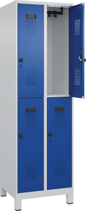 Doppelst. Schrank EVOLO
mit 100 mm hohen Füßen
RAL7035/5010, 2x2Abteile - Detail 1