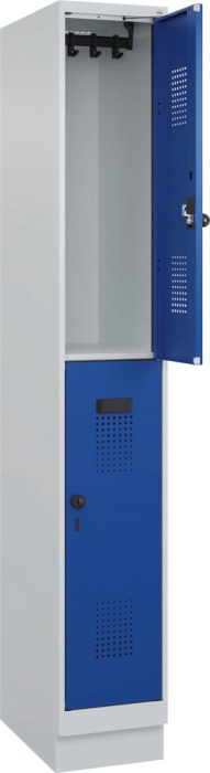 Doppelst. Schrank EVOLO
mit 100 mm hohem Sockel
RAL7035/5010, 1x2Abteile - Detail 1