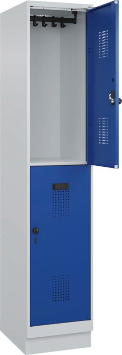 Doppelst. Schrank EVOLO
mit 100 mm hohem Sockel
RAL7035/5010, 1x2Abteile - Detail 1