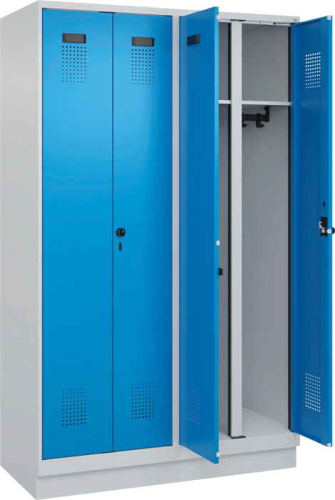 S/W-Gard.-Schrank EVOLO
mit 100 mm hohem Sockel
RAL 7035/5012, 4 Abteile - Detail 1