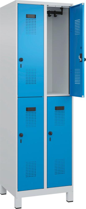 Doppelst. Schrank EVOLO
mit 100 mm hohen Füßen
RAL7035/5012, 2x2Abteile - Detail 1