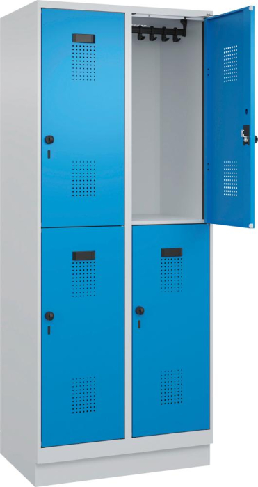 Doppelst. Schrank EVOLO
mit 100 mm hohem Sockel
RAL7035/5012, 2x2Abteile - Detail 1