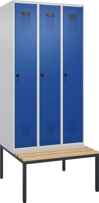 Garderobenschrank EVOLO
mit untergeb. Sitzbank
RAL 7035/5010, 3 Abteile - Detail 1