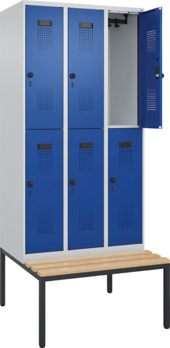 Doppelst. Schrank EVOLO
mit untergeb. Sitzbank
RAL7035/5010, 3x2Abteile - Detail 1