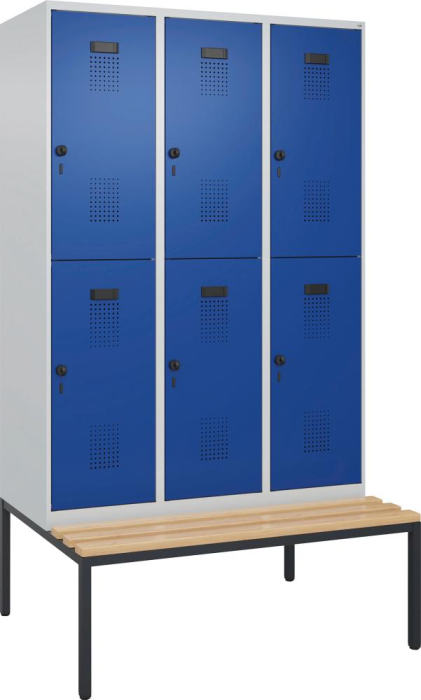 Doppelst. Schrank EVOLO
mit untergeb. Sitzbank
RAL7035/5010, 3x2Abteile - Detail 1