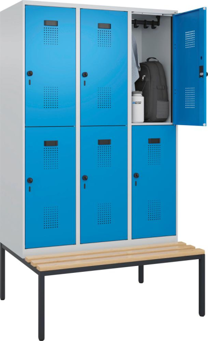 Doppelst. Schrank EVOLO
mit untergeb. Sitzbank
RAL7035/5012, 3x2Abteile - Detail 1
