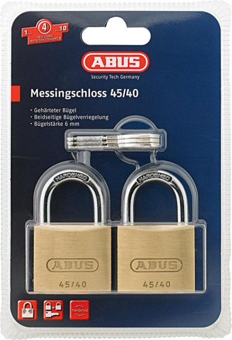ABUS Messing-Vorhangschloss 45
TWINS 2-Stck-Set gleichschl.
40mm/m. 4 Schlüssel P7507.0005 - Detail 1
