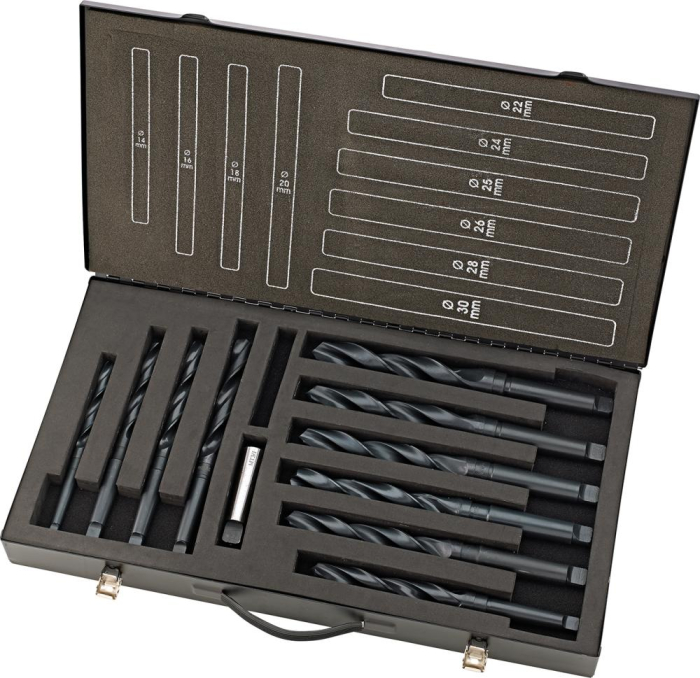 Spiralbohrer Set DIN345
HSS rollgewalzt
14-30mm, 2mm stg. + 25mm
Metallkoffer FORTIS - Detail 1