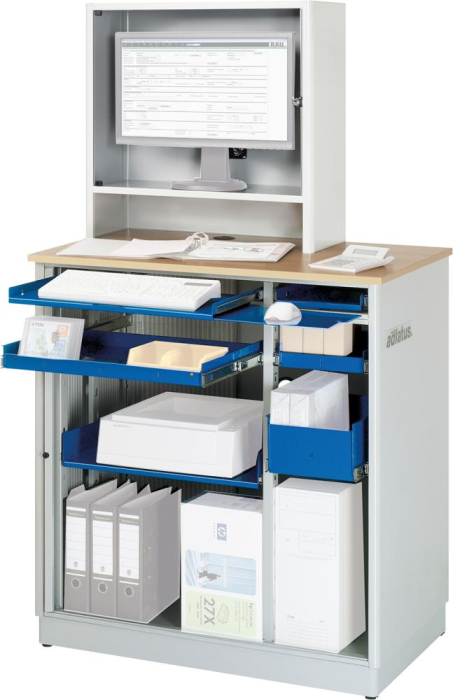 Computer-Tisch
B1030xT660xH1810 mm
RAL 7035/5010 stationär - Detail 1